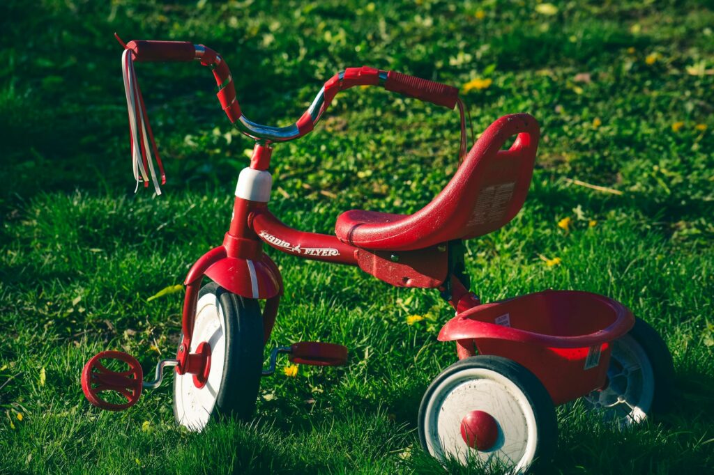 a red kid s bike on the green grass