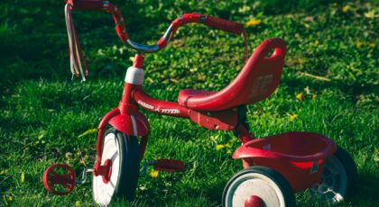 a red kid s bike on the green grass