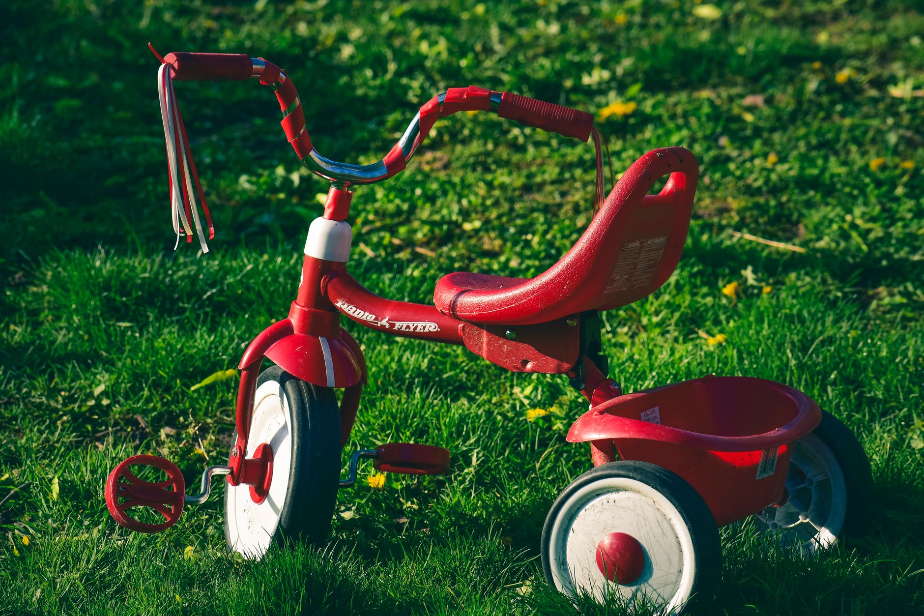a red kid s bike on the green grass